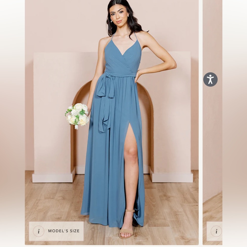 Revelry Hannah Chiffon Faux Wrap Dress- dusty blue